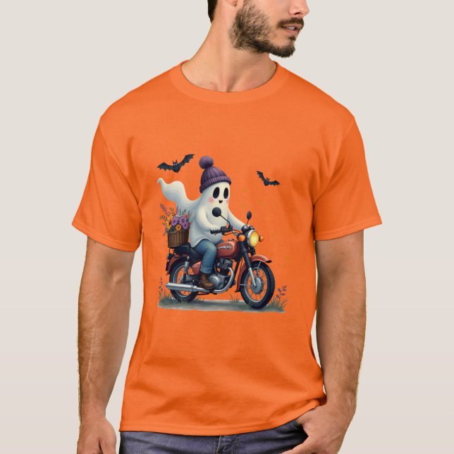 Camiseta Motociclo Fantasma com Flores no Halloween (Frente)
