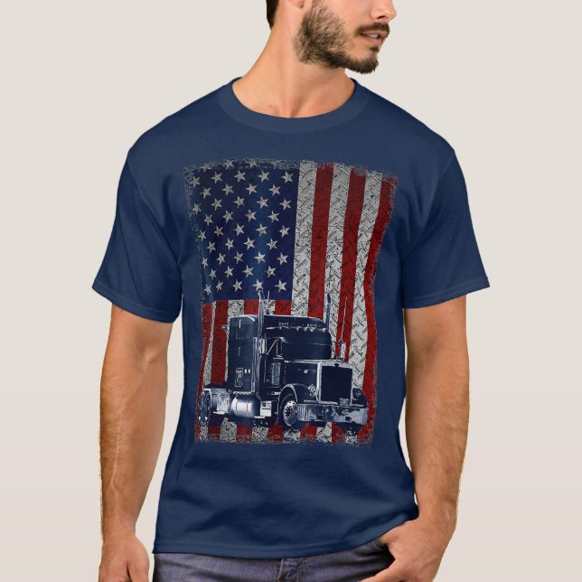 Camiseta Motorista de caminhão americano Flag Trucker Gift (Frente)