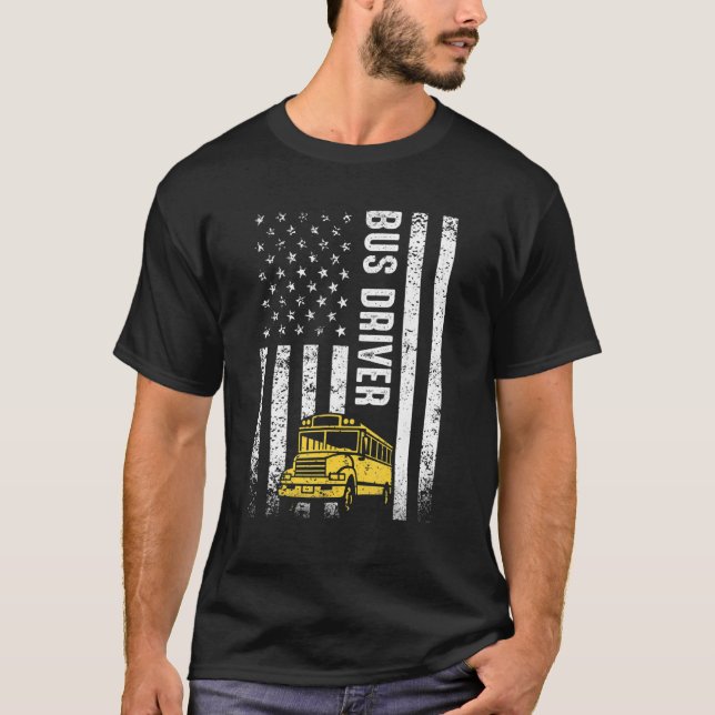 Camiseta Motorista de ônibus escolar aflita Bandeira Americ (Frente)
