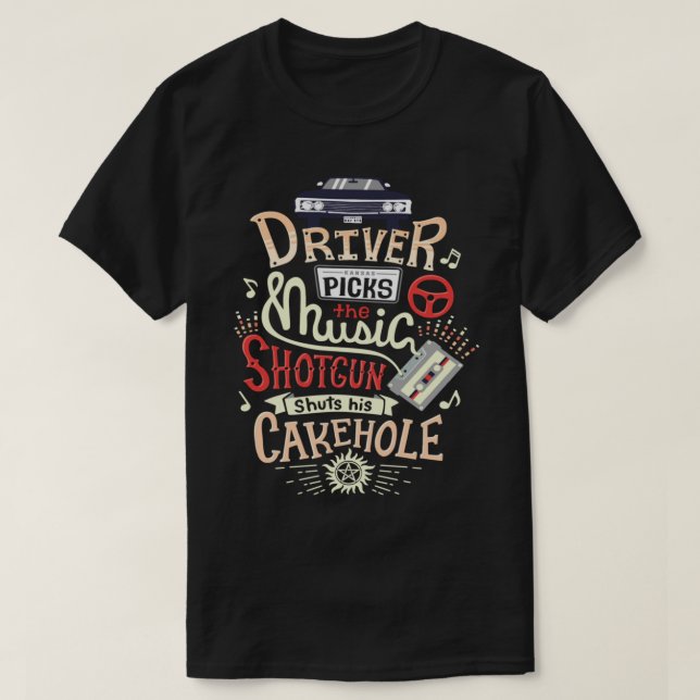Camiseta Motorista Sobrenatural Escolhe O Pulso De Música (Frente do Design)