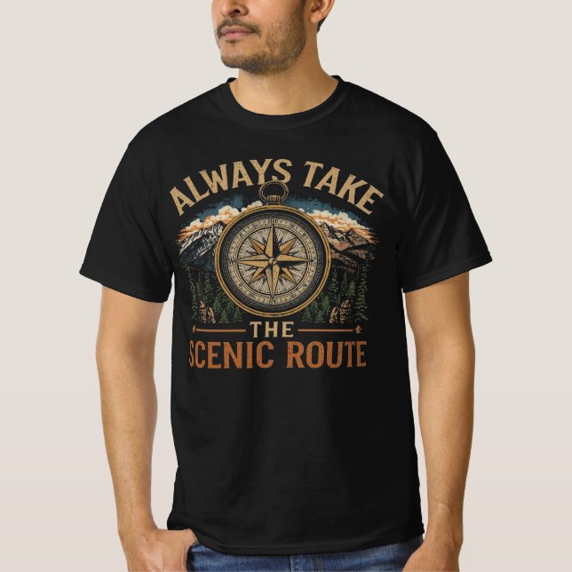 Camiseta Mountain Compass Hiking Adventure Scenic Route (Frente)