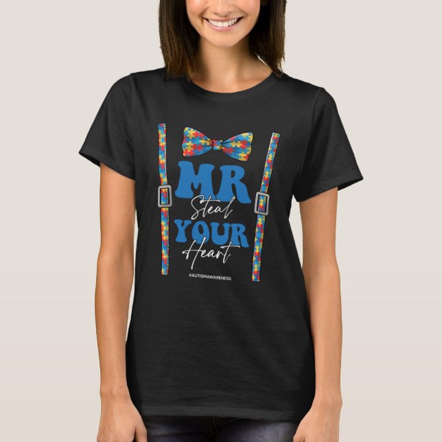 Camiseta Mr Steal Your Heart Autism Boy Suspenders Autistic (Frente)