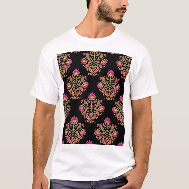 Camiseta Mughal floral paisley, design sem costura. (Frente)
