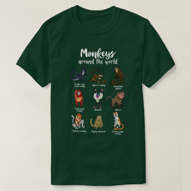 Camiseta Muitas espécies de macacos tipos 1 (Frente do Design)