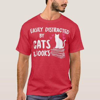 Camiseta Muito facilmente distraído por gatos e livros, ama