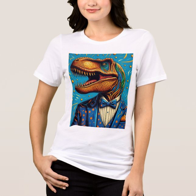 Camiseta mujer. imagen de T-Rex con traje de gala (Frente)