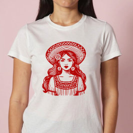 Camiseta Mujer Mexicana Mínima Arte da Linha Vermelha