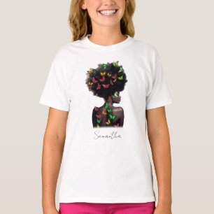 Camiseta Mulher Afro-Americana com borboleta Preenchida Afr
