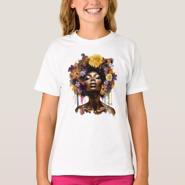 Camiseta Mulher afro-americana com cabelo afro floral (3) (Frente)