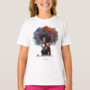 Camiseta Mulher afro-americana com cabelo estragado em árvo