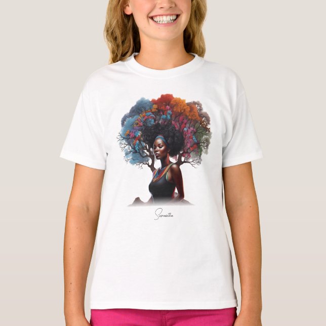 Camiseta Mulher afro-americana com cabelo estragado em árvo (Frente)
