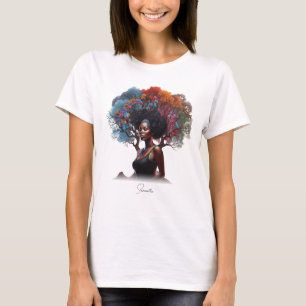 Camiseta Mulher afro-americana com cabelo estragado em árvo