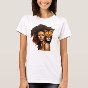 Camiseta Mulher afro-americana com Leão majestoso
