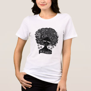Camiseta Mulher afro-americana e flores em preto