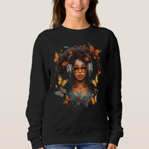Camiseta Mulher Afro-Americana Menina Negra Com Fones de Ou