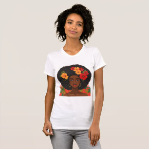 Camiseta Mulher Afro Brasileira Cabelo Natural Flores Tropi
