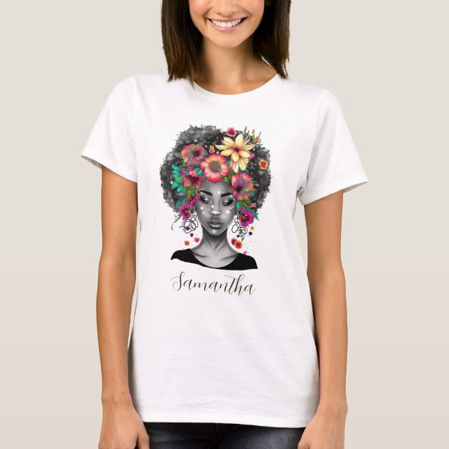 Camiseta Mulher Afro Elegante Floral (Frente)