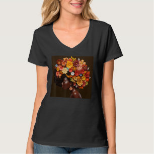 Camiseta Mulher Afro Floral Rainha Negra Puff Magia Melanin
