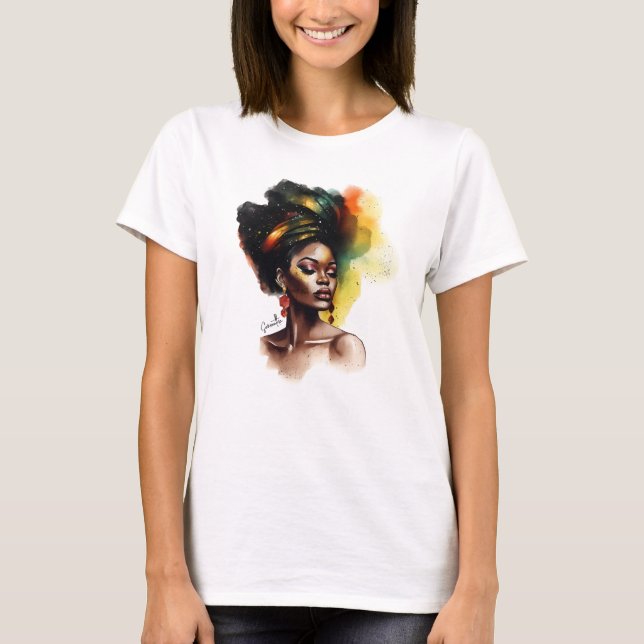 Camiseta Mulher Afrocêntrica em Cores Vibrantes (Frente)