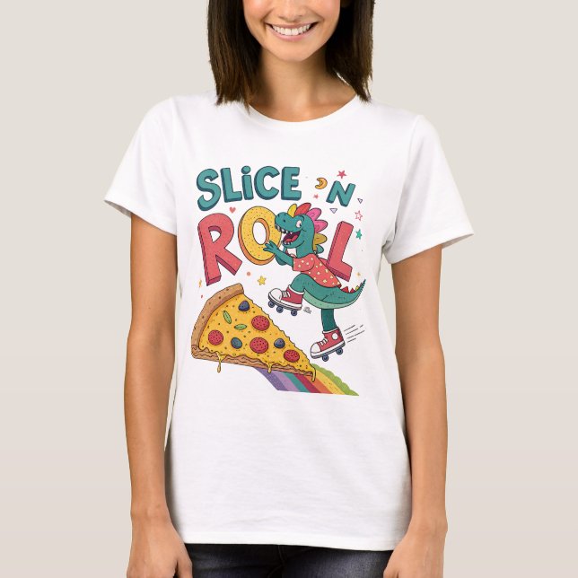 Camiseta mulher amante de pizza dinasour come (Frente)