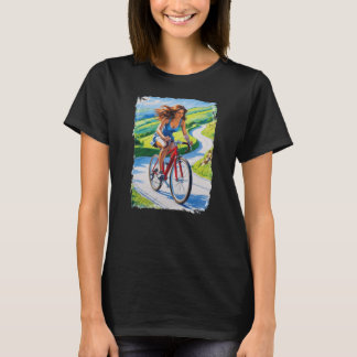 Camiseta Mulher andando de bicicleta em paisagem linda