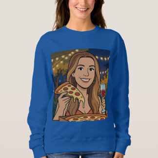 Camiseta Mulher apreciando vinho e pizza ao ar livre