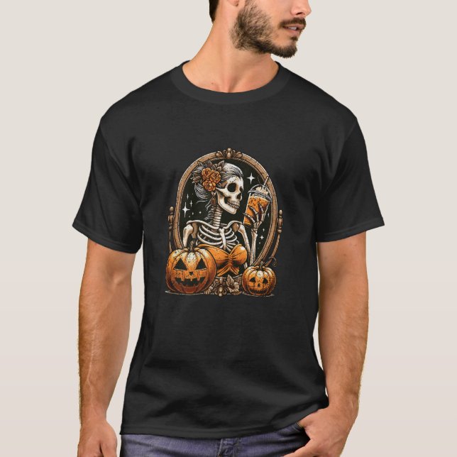 Camiseta Mulher Bebendo Esqueleto Café Halloween Bones Sku (Frente)