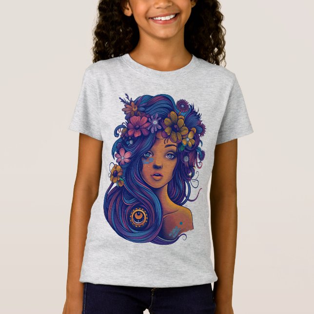 Camiseta Mulher Boho Fantasy com Cabelo Floral (Frente)
