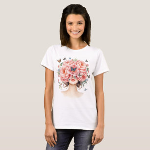 Camiseta Mulher Bonita com Rosas Pink Gigantes e Borboleta