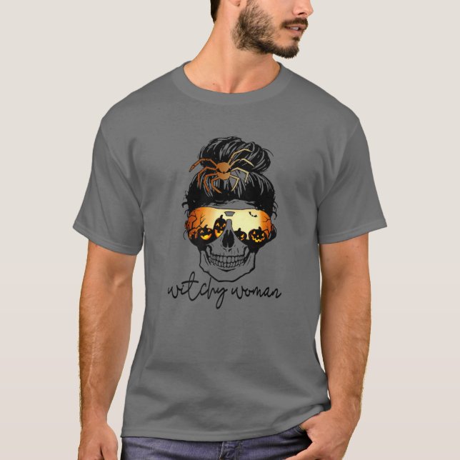 Camiseta Mulher Bruxa Mensageira Bun Hair Skull Halloween P (Frente)