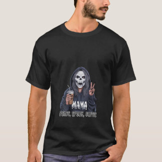 Camiseta Mulher Café Mama Skeleton Zombie Peace Spook Cof