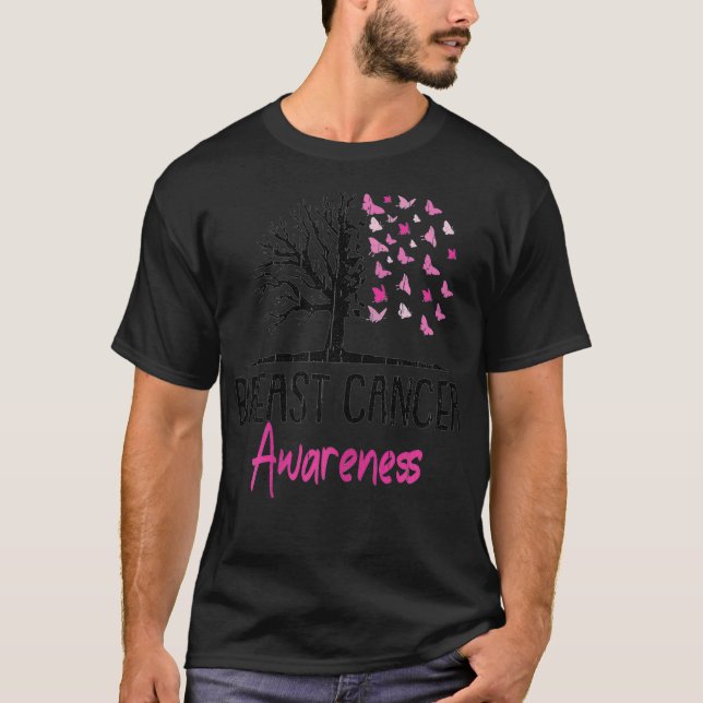 Camiseta Mulher Cancer de mama Sensibilização Borboleta Ros (Frente)