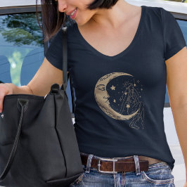 Camiseta Mulher celestial lua e estrelas,boho,ouro elegante