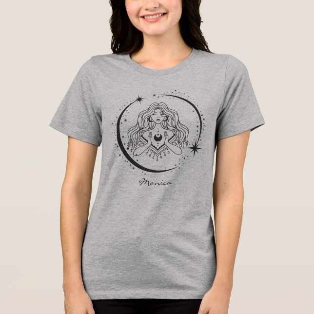 Camiseta Mulher celestial, lua estrelas, boho, astronomia e (Frente)