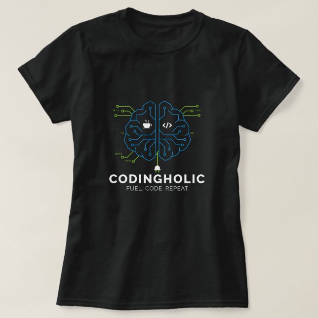Camiseta Mulher Cérebro Tech Programadora de Código (Frente do Design)