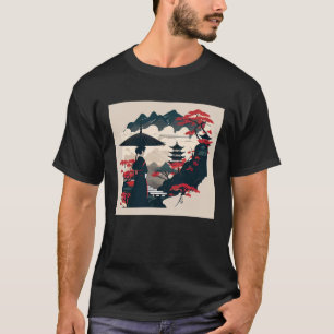 Camiseta Mulher clássica japonesa com guarda-chuva olhando 