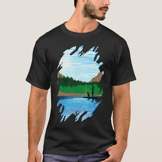 Camiseta Mulher com cachorro fazendo paddleboard no lago (Frente)