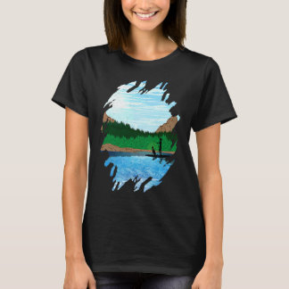 Camiseta Mulher com cachorro fazendo paddleboard no lago