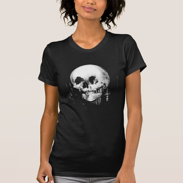 Camiseta Mulher com Reflexão do Crânio Halloween Espelhada (Frente)