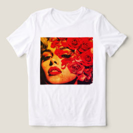 Camiseta Mulher Com Rosas Cobrindo Seu Rosto em um Branco S