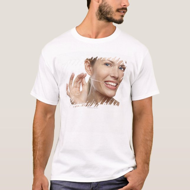 Camiseta Mulher contra os dentes flossing do fundo branco, (Frente)