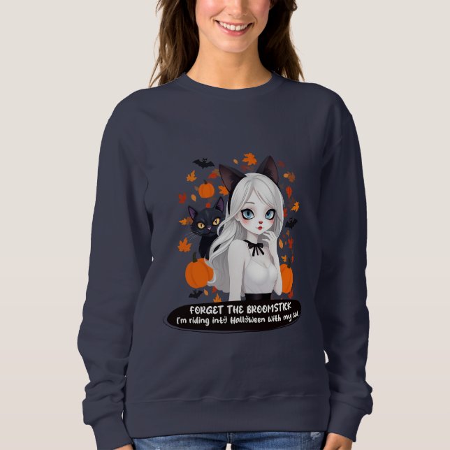 Camiseta Mulher de anime com gato preto. (Frente)