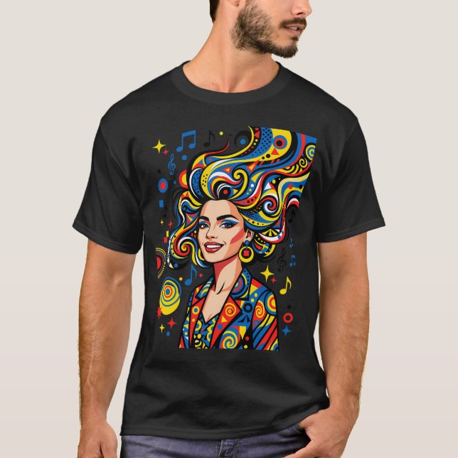 Camiseta Mulher de Arte Pop Retrô com Cabelo Musical - Colo (Frente)