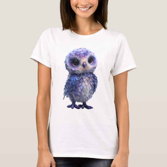 Camiseta Mulher de Bebê Coruja Brilho Galáxia Celeste (Frente)