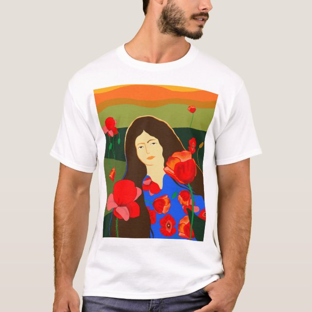 Camiseta Mulher de cabelo longo caminhando no campo de papo (Frente)