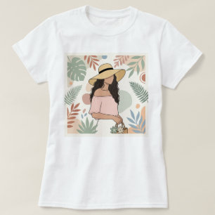 Camiseta Mulher de chapéu de palha com flores