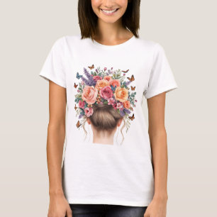 Camiseta Mulher de Coroa Floral com Rosas e Borboletas Água