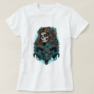 Camiseta Mulher de Crânio Açucarado Gótico e Cavei