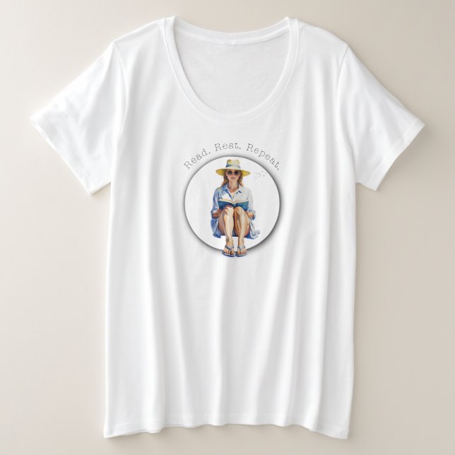 Camiseta Mulher de Verão de Aquarela com Sun Hat e Book (Frente do Design)