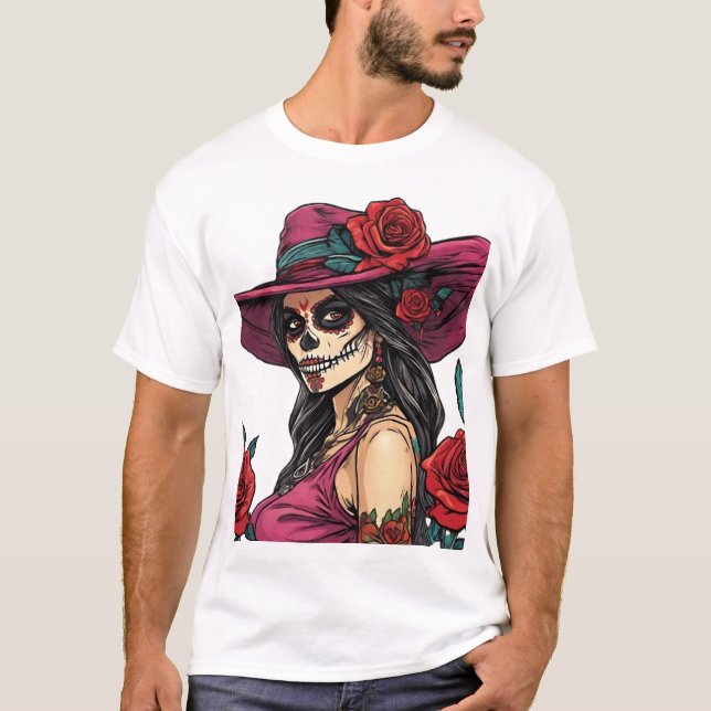 Camiseta Mulher do Crânio Elegante - Día de los Muertos (Frente)